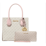 MICHAEL KORS Mercer Medium Logo and Leather Accordion Crossbody Bag In Powder Blush Multi + Jet Set Travel Continental Wallet