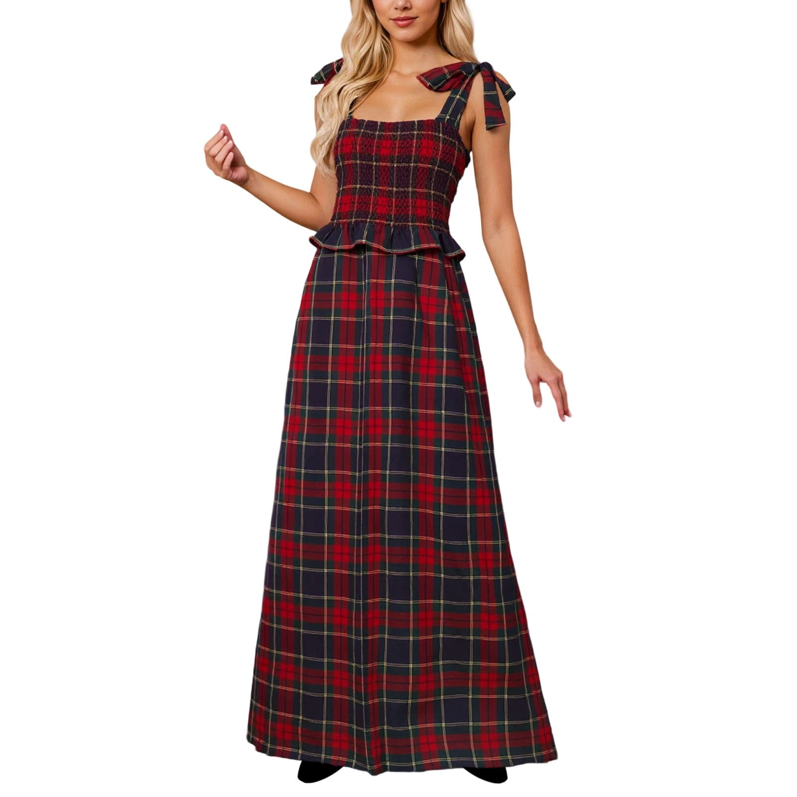 Letdown Women Plaid Maxi Dress Casual Square Neck Lace-Up Sleeveless Flowy Dress Christmas Checkered Backless Ruffle Long Dresses (Red,M)