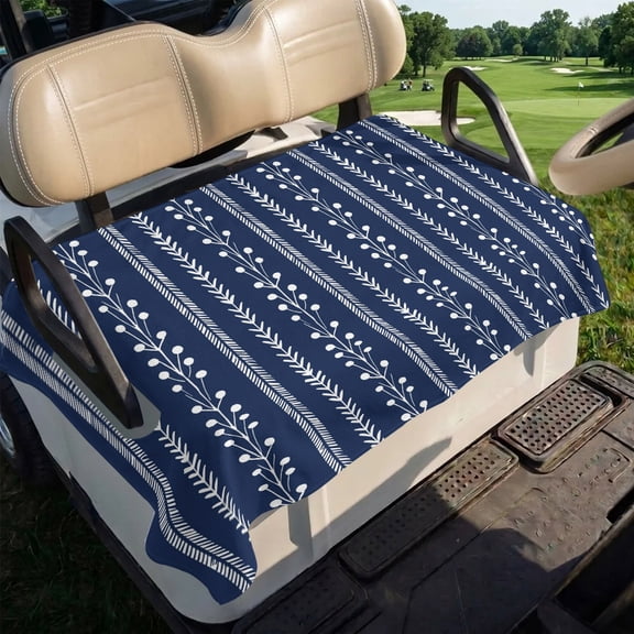 Navy Blue Golf Cart Seat Covers, Rustic Vertical Dashed Lines Shabby Chic Leaf Cottagecore Soft Breathable Club Car Golf Cart Cover Towel Blanket for 2 Seater Accessories 51x31in