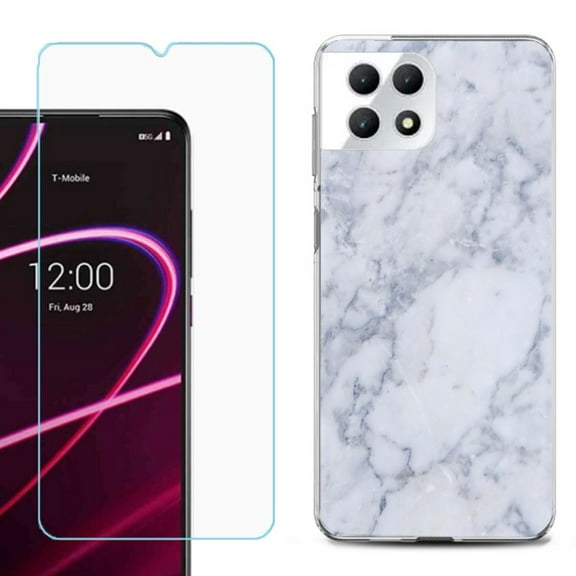Phone Case for T-Mobile Revvl 7 5G, Shockproof Case Cover with Tempered Glass Screen Protector, by OneToughShield - Marble / Clouds