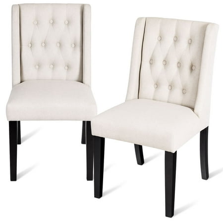 Costway Set of 2 Dining Side Chairs Wing Back Button Tufted Fabric with Wood Legs