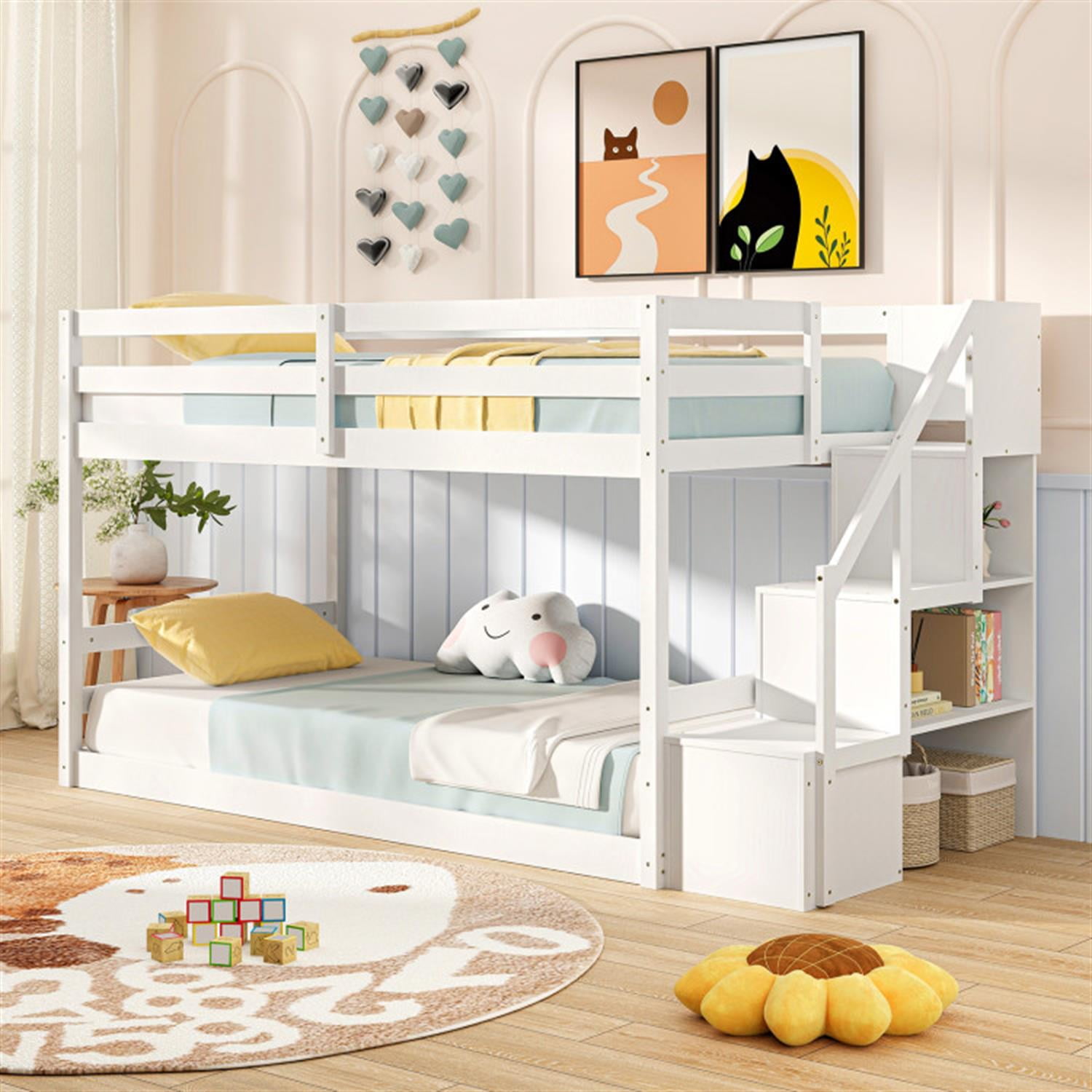 Demi Bonn Twin Over Twin Low Bunk Bed with Storage Stairs, Solid Wood Floor Bunkbeds Frame for Bedroom, No Box Spring Needed, White