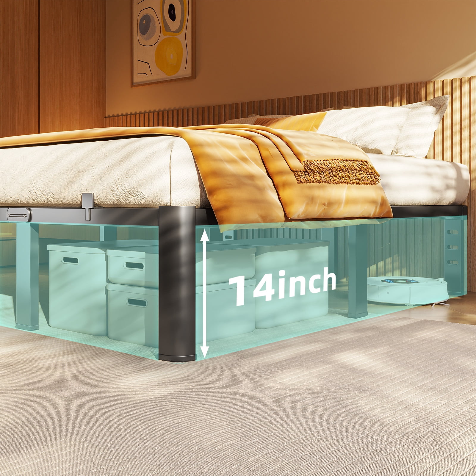Fowroa 14 inch Queen Size Bed Frame Metal Platform with Underbed Storage No Box Spring Needed Easy Assembly