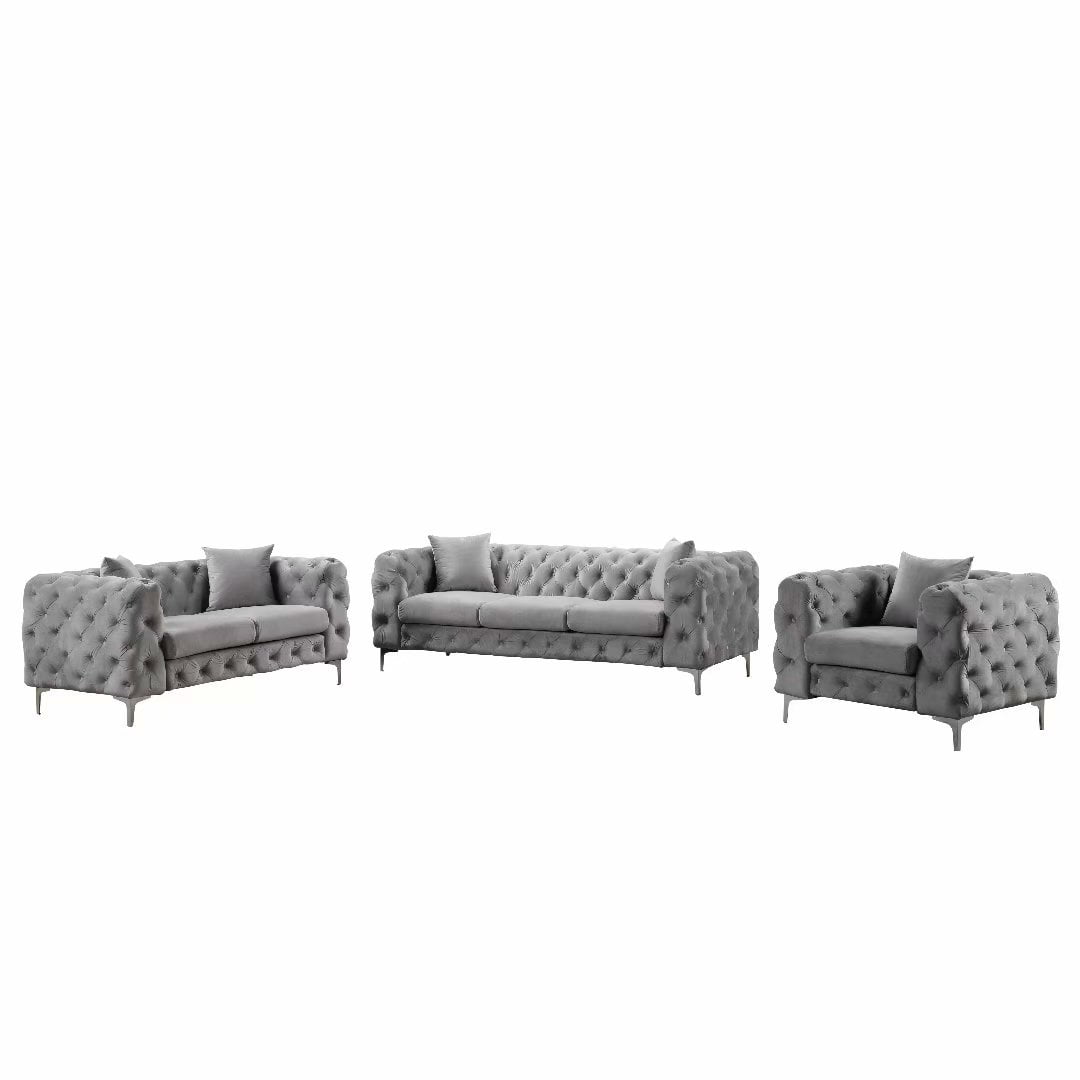 Morden Fort Couches for Living Room, Sofas for Living Room Furniture Sets, Chair, Couch and Sofa 3 Pieces, Fabric, Dutch Velvet Silver Grey