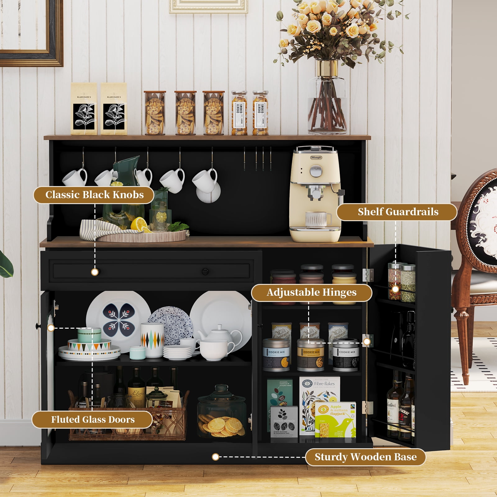 CBJCBJ 48“ Modern Wood Kitchen Pantry Cabinet with Coffee Bar, Drawer & Microwave Stand,Black