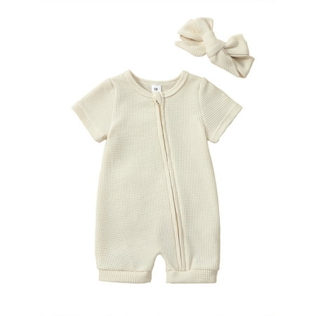 

Genuiskids Newborn Baby 2Pcs Summer Outfits Short Sleeve Zip Up Jumpsuit with Headband Set