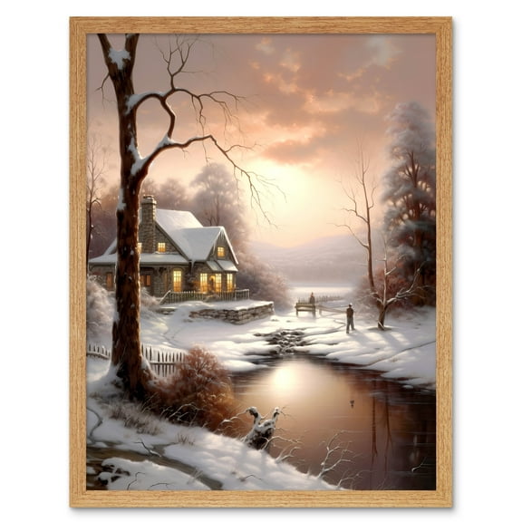 Winter Cottage Landscape Oil Painting Snow Lake Sunset Snowy Trees Art Print Framed Poster Wall Decor 12x16 inch