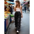 thumbnail image 5 of Women'S Long Tiered Ruffled Tulle Pants High Waist Stripe Print Layered Mesh Wide Leg Palazzo Pants Black L, 5 of 7