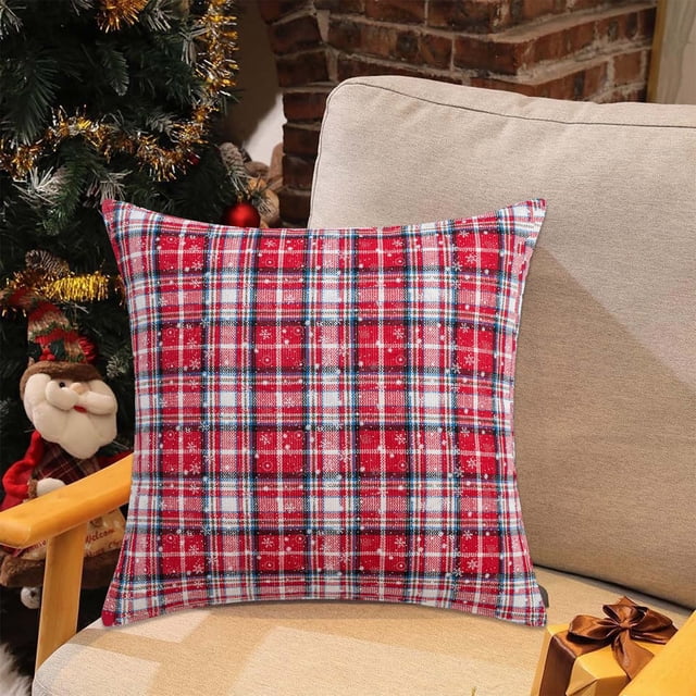 Funda de cojín navideña con diseño de copos de nieve a cuadros | 45 x 45 cm, suave y acogedora, para sofá o sillón | Decoración navideña para cumpleaños y fiestas | Regalo ideal