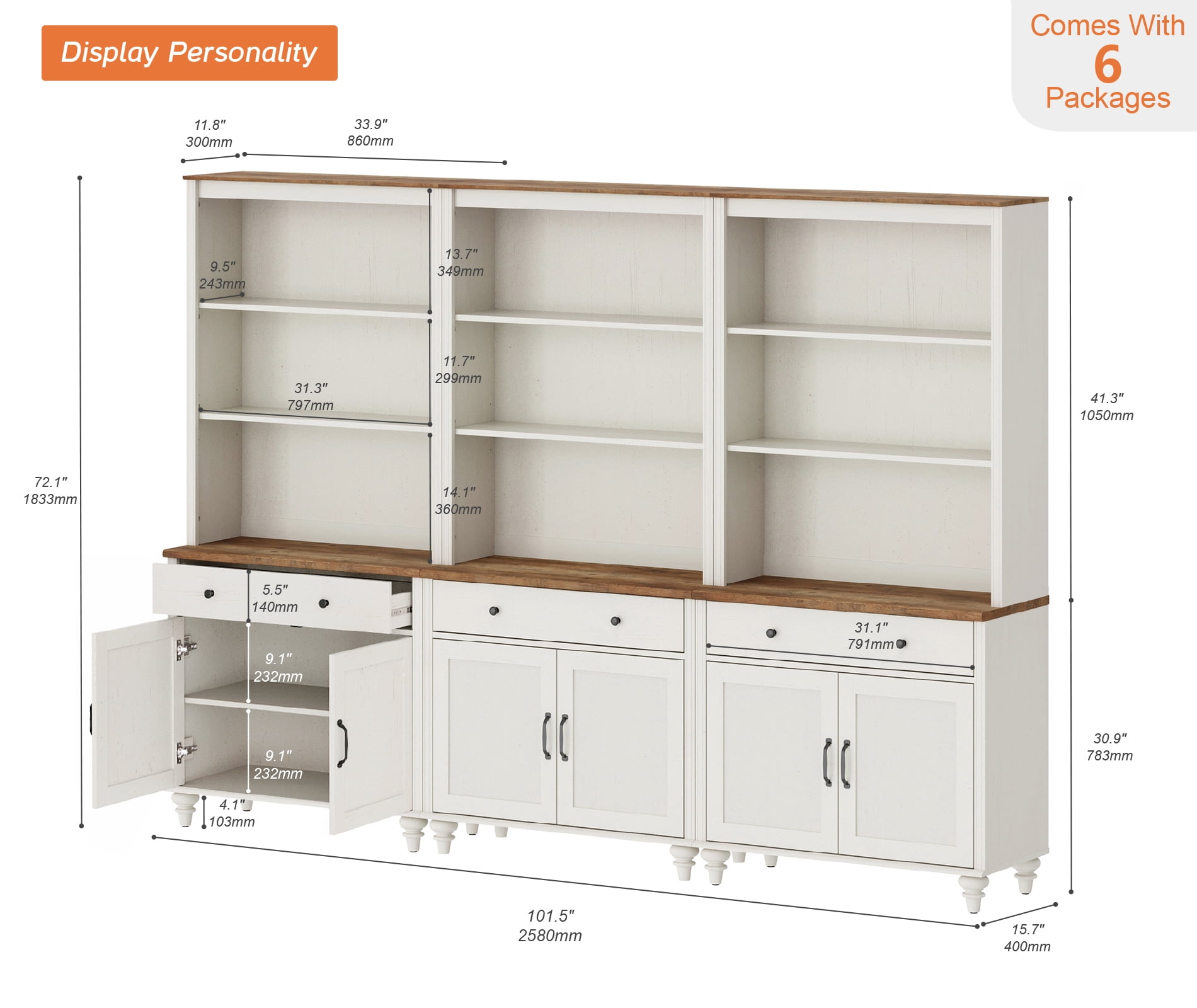 5 Tier Bookshelf 72" Tall Bookcase with Barn Doors, Large Farmhouse Display Book Shelf with 3 Drawers and Storage Cabinet, 3-in-1 Library Wood Bookshelves for Living Room or Kitchen, White