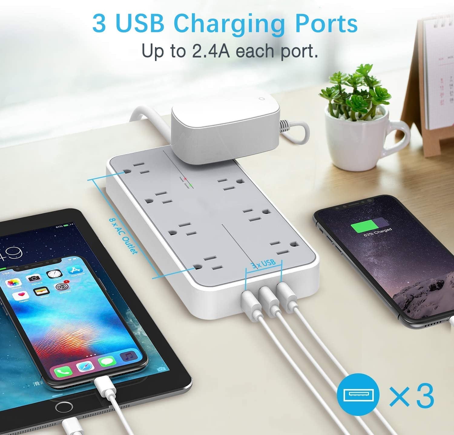 TESSAN 6ft Extension Cord Power Strip, Surge Protector with 8 Outlets and 3 USB, Overload Protection