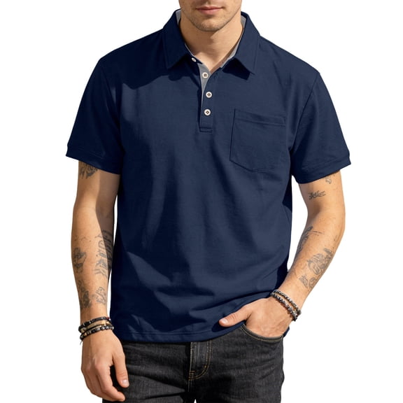 Bbyeadc Golf Shirts for Men Short Sleeve Collared Golf T-Shirt Lightweight Slim Golf Shirt Classic Summer T-Shirt with Chest Pocket,Blue (L)