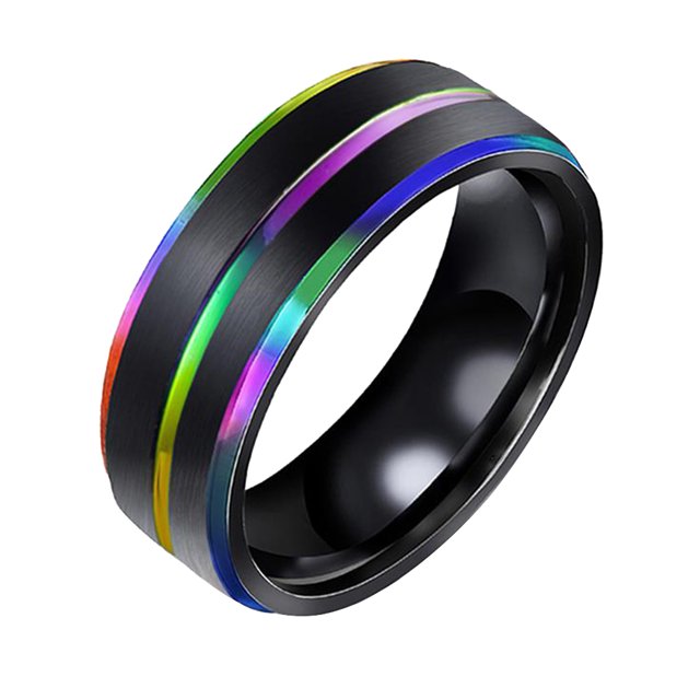 EeaseCA 1pc Titanium Steel Rings Rainbow Ring Double Plated Grooved Hnad Jewelry Hand Accessories for Man Male Number 10
