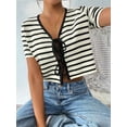 thumbnail image 4 of Cardigan d'Été Rayé à Lacets pour Femmes Mode Manches Courtes Tricoté Abricot TG, 4 of 8