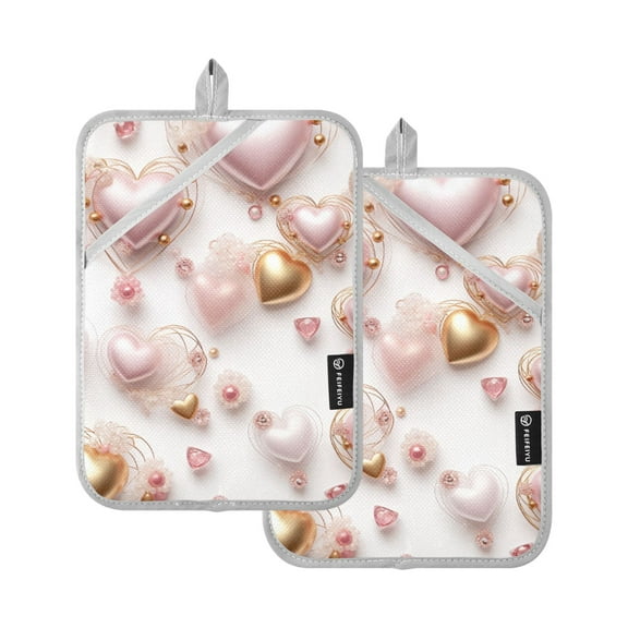 Hearts and Floral Pot Holders Set of 2 Heat Resistant Kitchen Oven Gloves Potholder Cooking Baking Microwave Mitts