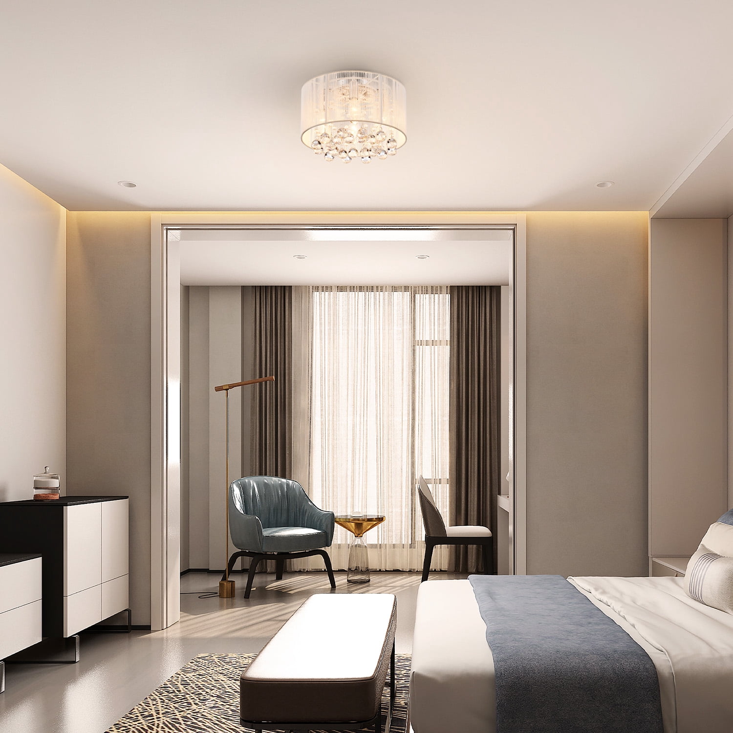 Modern Chandelier for Dining Room Master Bedroom Decor, Crystal Dining Room Light Fixture with K9 Crystal Beads and String Netted Drum Shade, Semi Flush Small Chandelier Ceiling Light