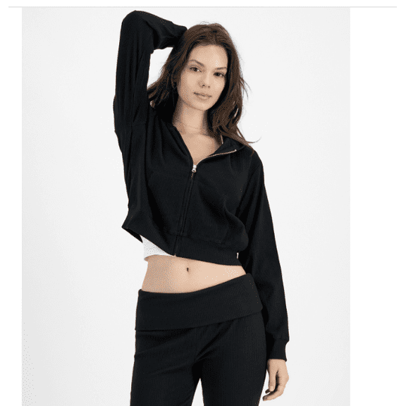 Hippie Rose Juniors' Ribbed Cropped Zip-up Hoodie - Black