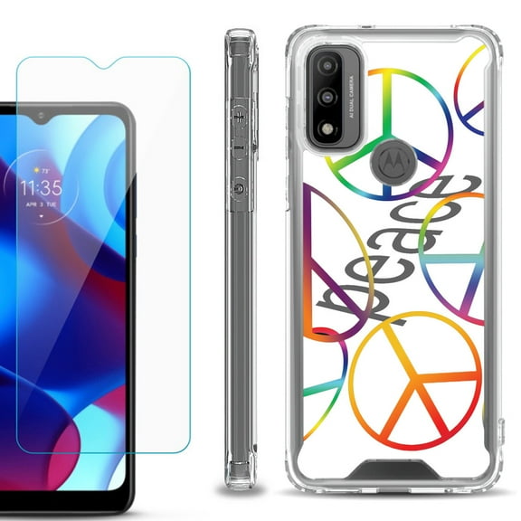 Shockproof Bumper Phone Case for Motorola Moto G Pure, with Tempered Glass Screen Protector, by OneToughShield ® - Colorful Peace