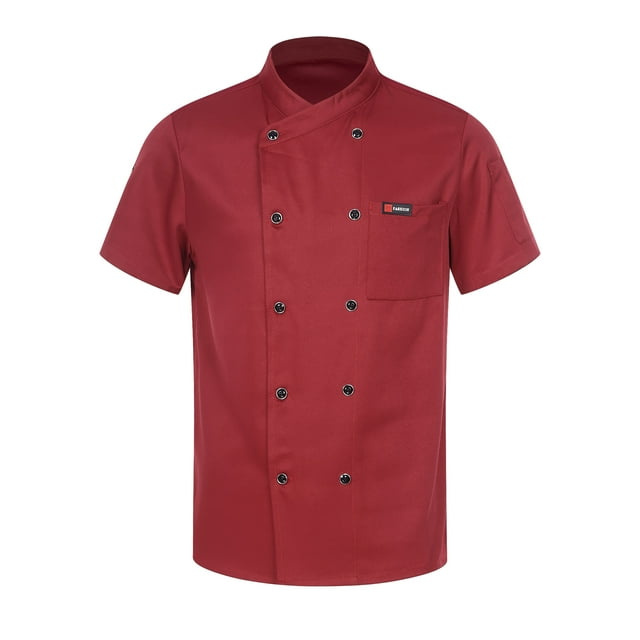 TSSOE Unisex Professional Chef Jacket Short Sleeve Classic Cooking Coat Restaurant Kitchen Uniform #01Burgundy XL
