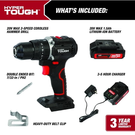 HYPER TOUGH 20V BRUSHLESS 1/2-INCH 2-SPEED CORDLESS HAMMER DRILL BATTERY & CHARGER