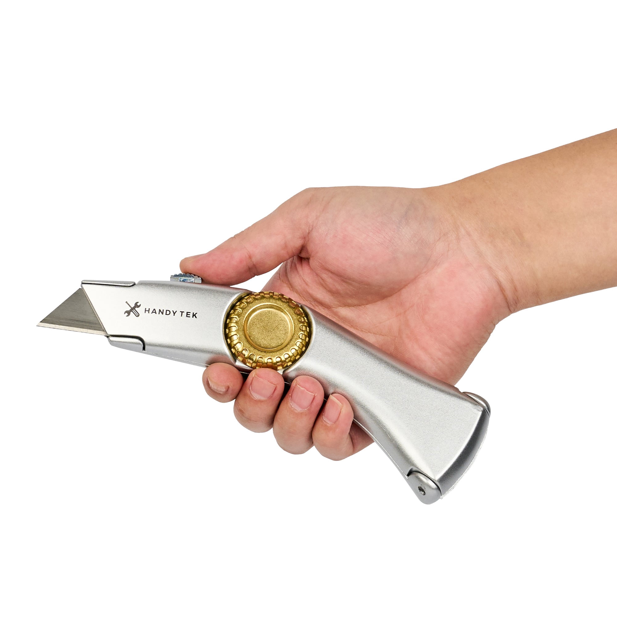 Handy Tek Quick Change Blade Razor Knives, 6 Folding Utility Knives - Includes 6 Sharp Blades, 19 mm Wide, Silver Zinc Box Cutters, Wheel Lock Design, Heavy-Duty - Restaurantware