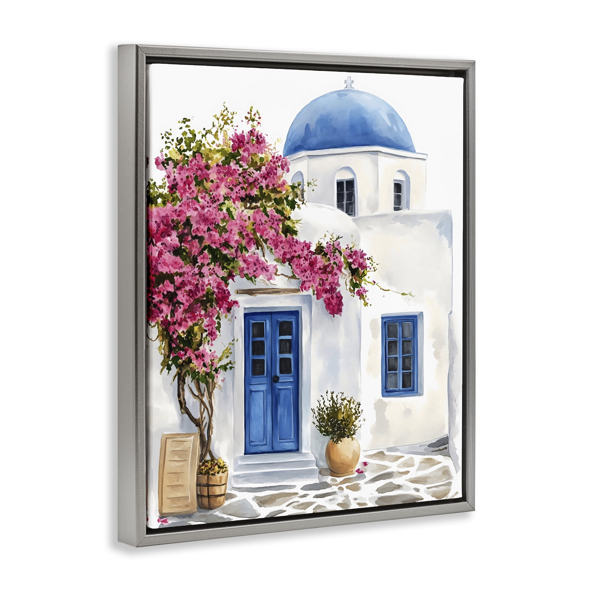 Stupell Industries Santorini House with Bougainvillea Gray Framed Floater Canvas Wall Art, design by LSR Design Studio