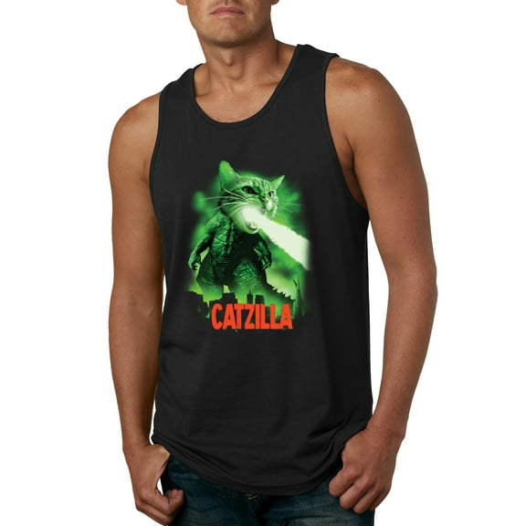 Catzilla Parody Taking Over City | Mens Cat Lover Graphic Tank Top, Black, Small