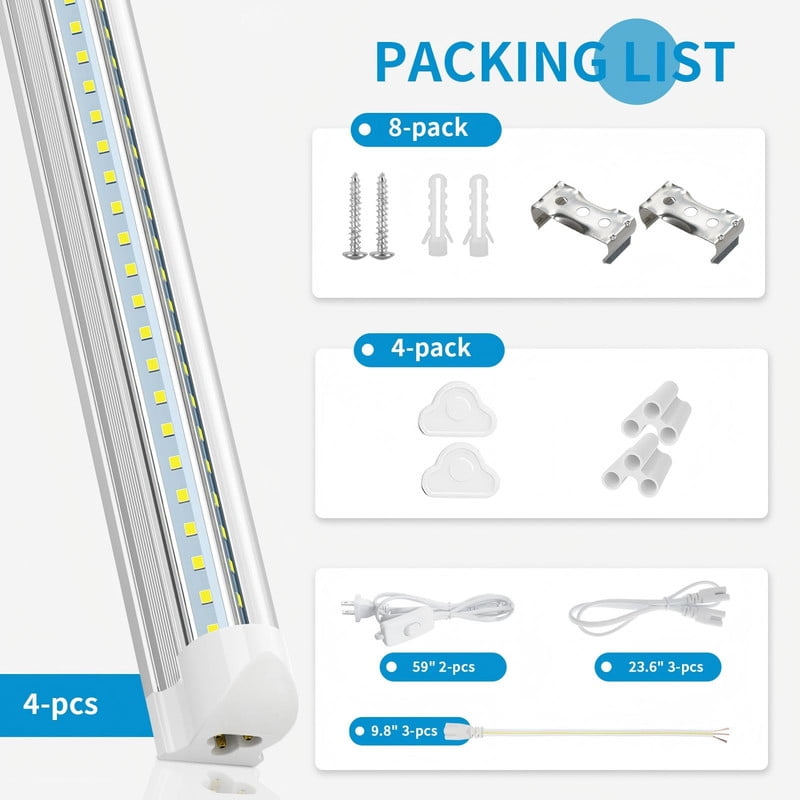 JESLED T8 LED Shop Lights Linkable Fixtures, V-Shaped 2FT 20W 2600LM, ETL Listed, 5000K Daylight White, 4-Pack
