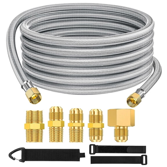 PatioGem 20FT High Pressure Braided Propane Hose Extension with Conversion Coupling 3/8" Flare to 1/2" Female NPT, 1/4" Male NPT, 3/8" Male NPT, 3/8" Male Flare for Heater, Grill, Fire Pit, Stove