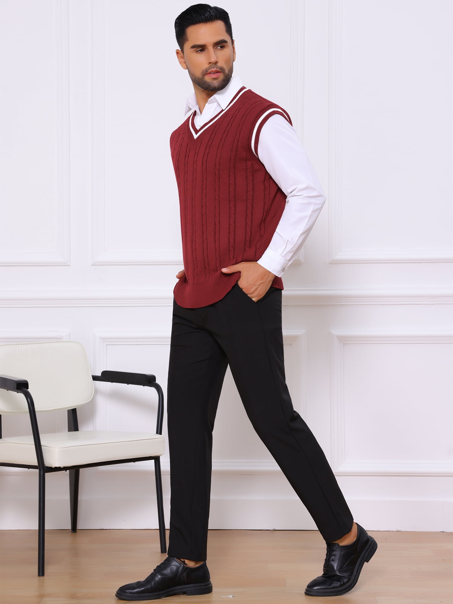 DARING DIVA Men's Solid Color V-Neck Sleeveless Cable Knitted Sweater Vest L Red