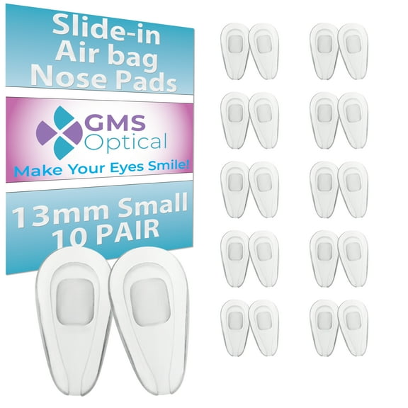 GMS Optical Slide-In Air Bag Silicone Nose Pads – 13mm Small Length / 6mm Medium Width – Soft Anti-Slip Contoured Eyeglass Nose Pads for Glasses & Sunglasses (10 Pair, Clear)