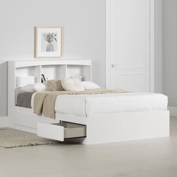South Shore Step One Full Mates Bed and Bookcase Headboard Set, in Pure White