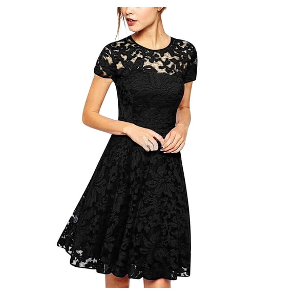 Womens Crew Neck Long Sleeve Spring Fall Dresses,Women's Summer Casual Solid Color O-neck Side Zipper Short-sleeve Stitching Lace With A-line Dress Black