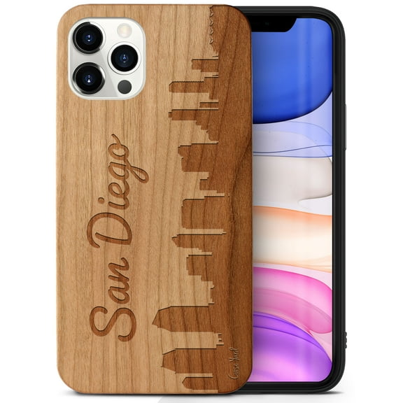 Case Yard Wooden Case Outside Soft TPU Silicone Slim Fit Shockproof Wood Phone Cover for Girls Boys Men and Women Supports Wireless Charging Skyline San Diego Design case for iPhone-12-Pro-Max