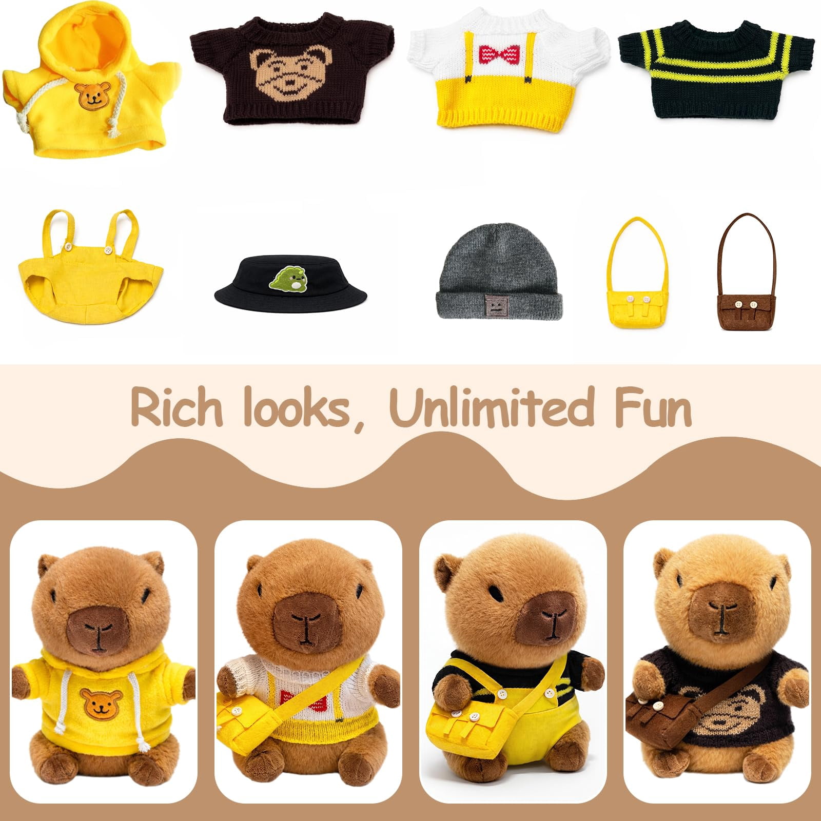 YSZZYSM 8-inch Capybara Plush Toy with 9 Clothes & Accessories, Super Soft Stuffed Animal Dress Up Set for Kids Ages 3-7