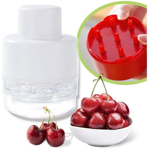 7-in-1 Cherry Pitter Tool Pit Remover Portable Push-Down Cherries Seed Remover, No Handle Design for Kitchen, Picnics, White