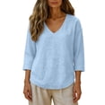 thumbnail image 2 of Oiangi Womens 3/4 Sleeve Blouses V Neck Textured Gauze Shirts Casual Summer Plain Tops Light Blue L, 2 of 5