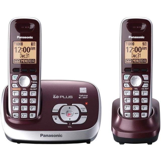 teléfono inalámbrico contestadora panasonic kx-tg6572r rojo 2 auriculares juego frontal con base principal y estación de carga secundaria, dos handsets rojos con pantalla LCD retroiluminada y teclado numérico legible, base con controles de contestadora y botones de reproducción/volumen, acabado rojo con detalles plateados, tecnología DECT 6.0 y expandible hasta 6 terminales según especificaciones; a menudo usado para ubicar llamadas y mensajes en el hogar.