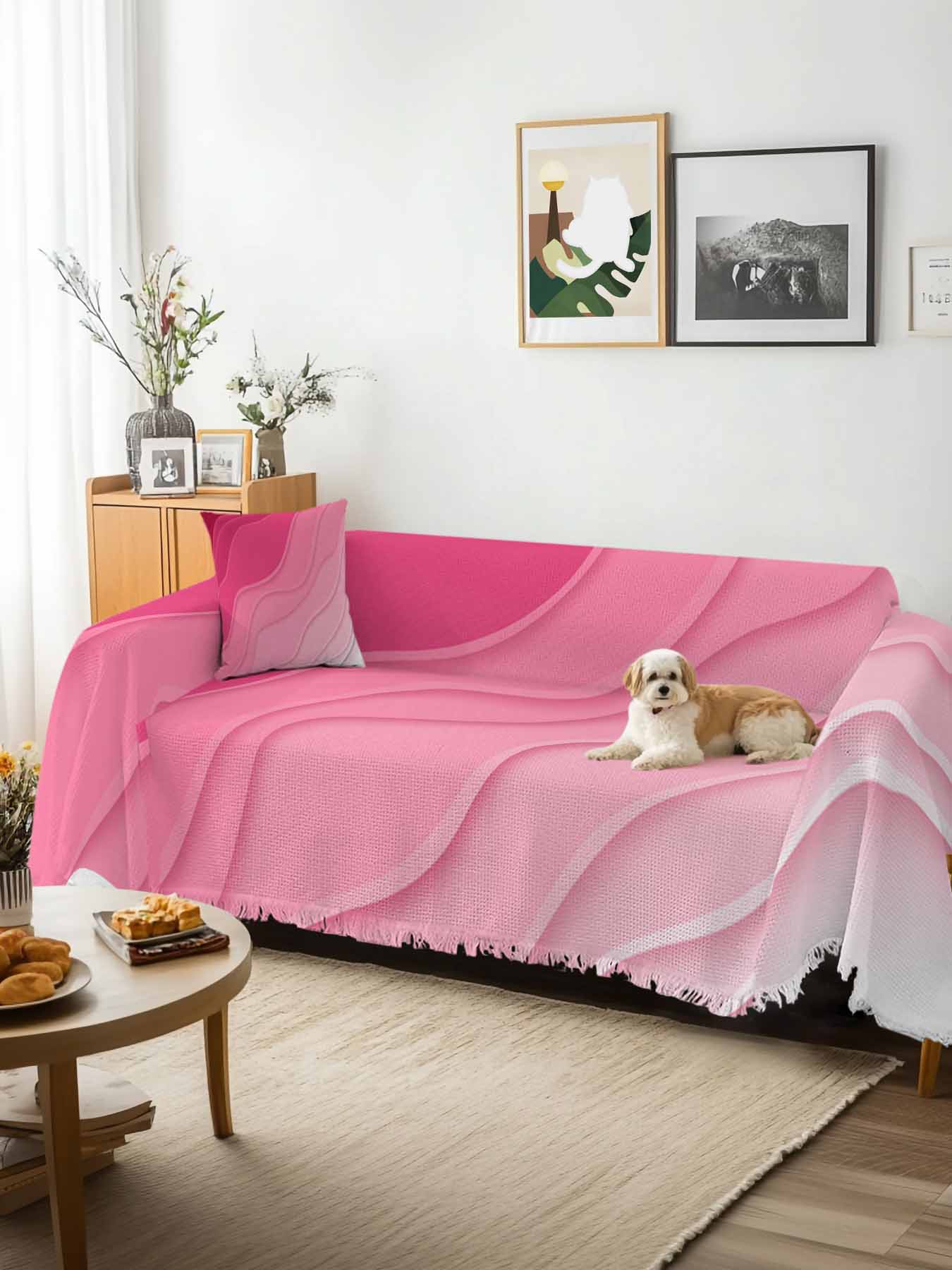 Valentines Pink Ombre Couch Cover, Modern Geometric Abstract Aesthetic Cream Oversized Sofa Cover Blanket for 3 Cushion Couch, Sectional Sofa Slipcover Protector for Living Room Bedroom 71''x150''