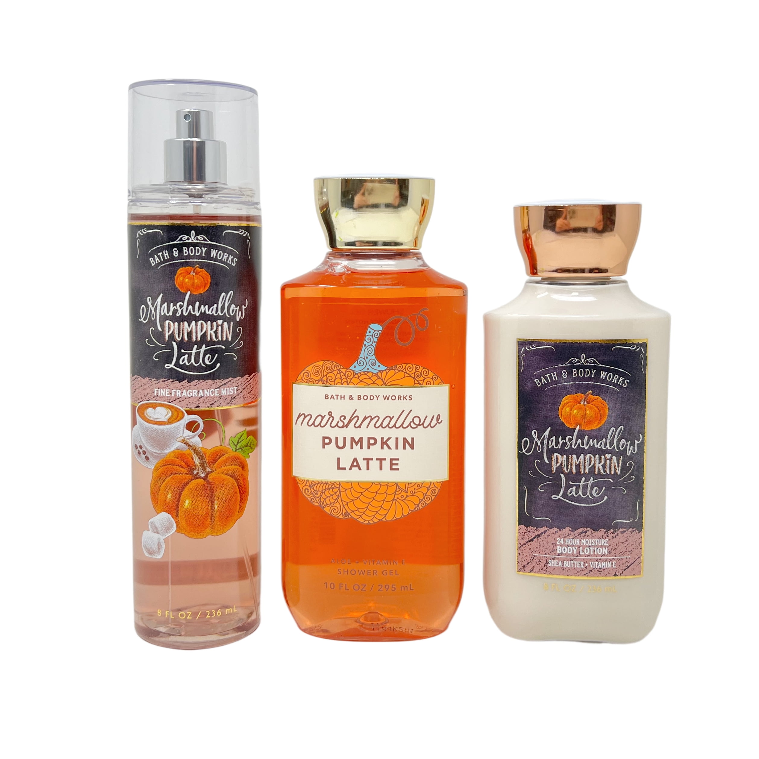 Bath and Body Works MARSHMALLOW PUMPKIN LATTE Daily Trio Gift Set Fine Fragrance Mist Shower