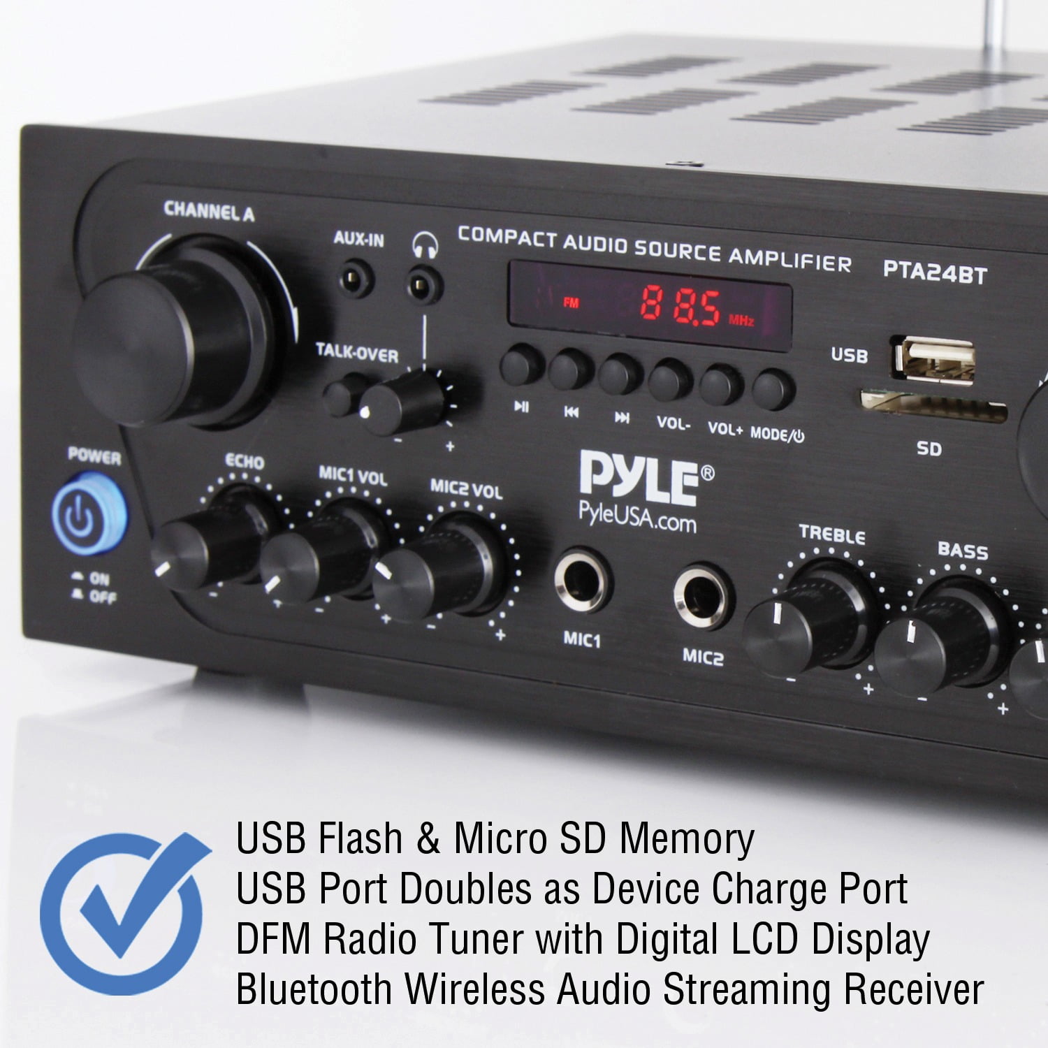 PYLE PTA24BT - Compact Bluetooth Home Audio Amplifier, 2-Ch. Audio Source Stereo Receiver System with FM Radio, MP3/USB/SD/AUX Playback (250 Watt)