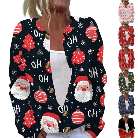 Womens Christmas Long Sleeve Cardigan Relaxed Fit Button Up Festive Outer Layer L