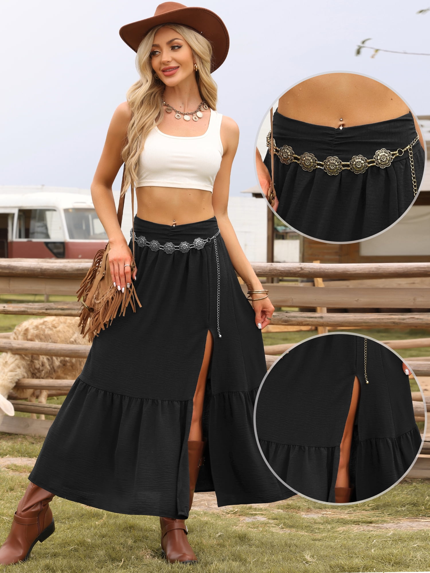DARING DIVA Women's Summer High Waisted A Line Casual Long Maxi Skirts Medium Black