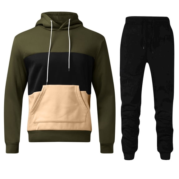 MSJUHEG Mens Sweatpants Hoodies For Men Mens Fleece Pullover Drawstring Hooded Color Block With Pocket Hooded Sweatshirt Two Piece Set Cargo Pants For Men Army Green L