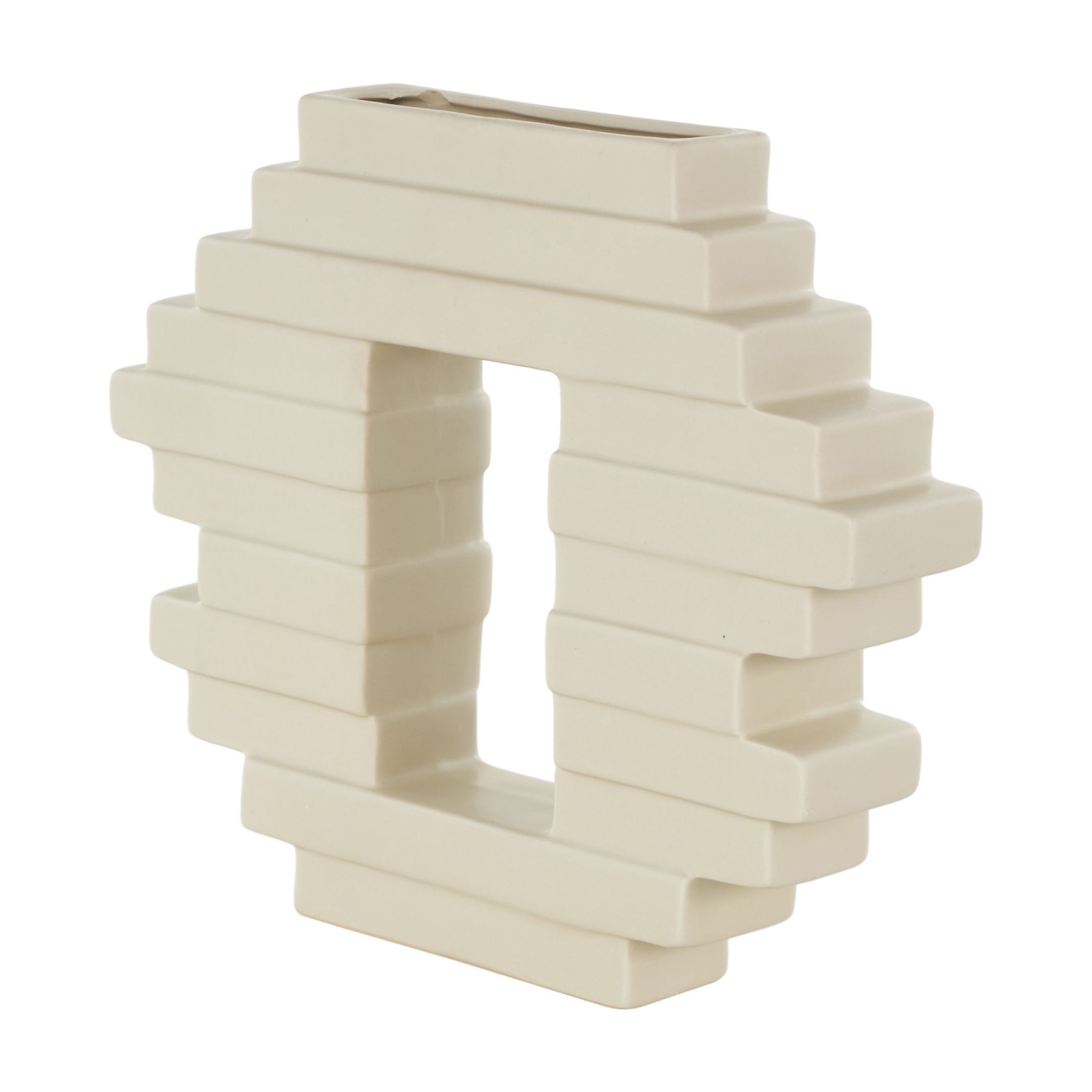 DecMode 10" Abstract Cream Ceramic Vase with Rectangular Center Cutout