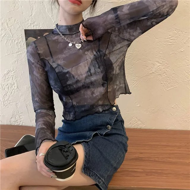 VISgogo - Camiseta de manga larga con cuello redondo y malla transparente con ribete de lechuga para mujer VISgogo moda