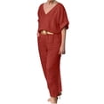 thumbnail image 1 of Ensemble 2 Pcs pour Femmes Ensemble Assorti Vêtements Femme Col Rond Manches Courtes Hauts Pantalons Ensembles Style Long P_732 Survêtements Femme Rouge m, 1 of 6