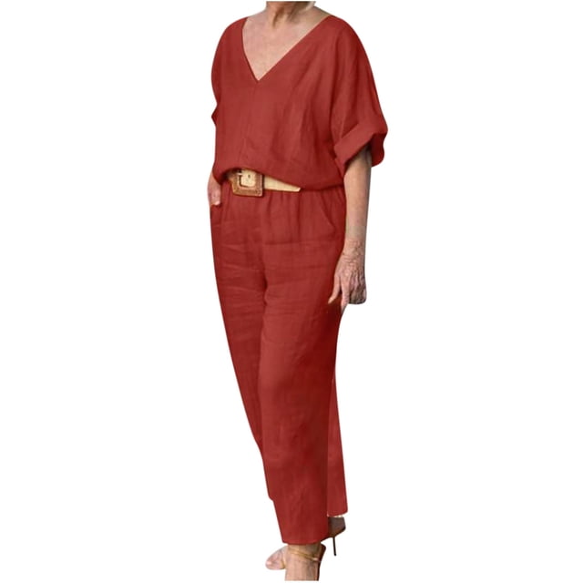 Ensemble 2 Pcs pour Femmes Ensemble Assorti Vêtements Femme Col Rond Manches Courtes Hauts Pantalons Ensembles Style Long P_732 Survêtements Femme Rouge m