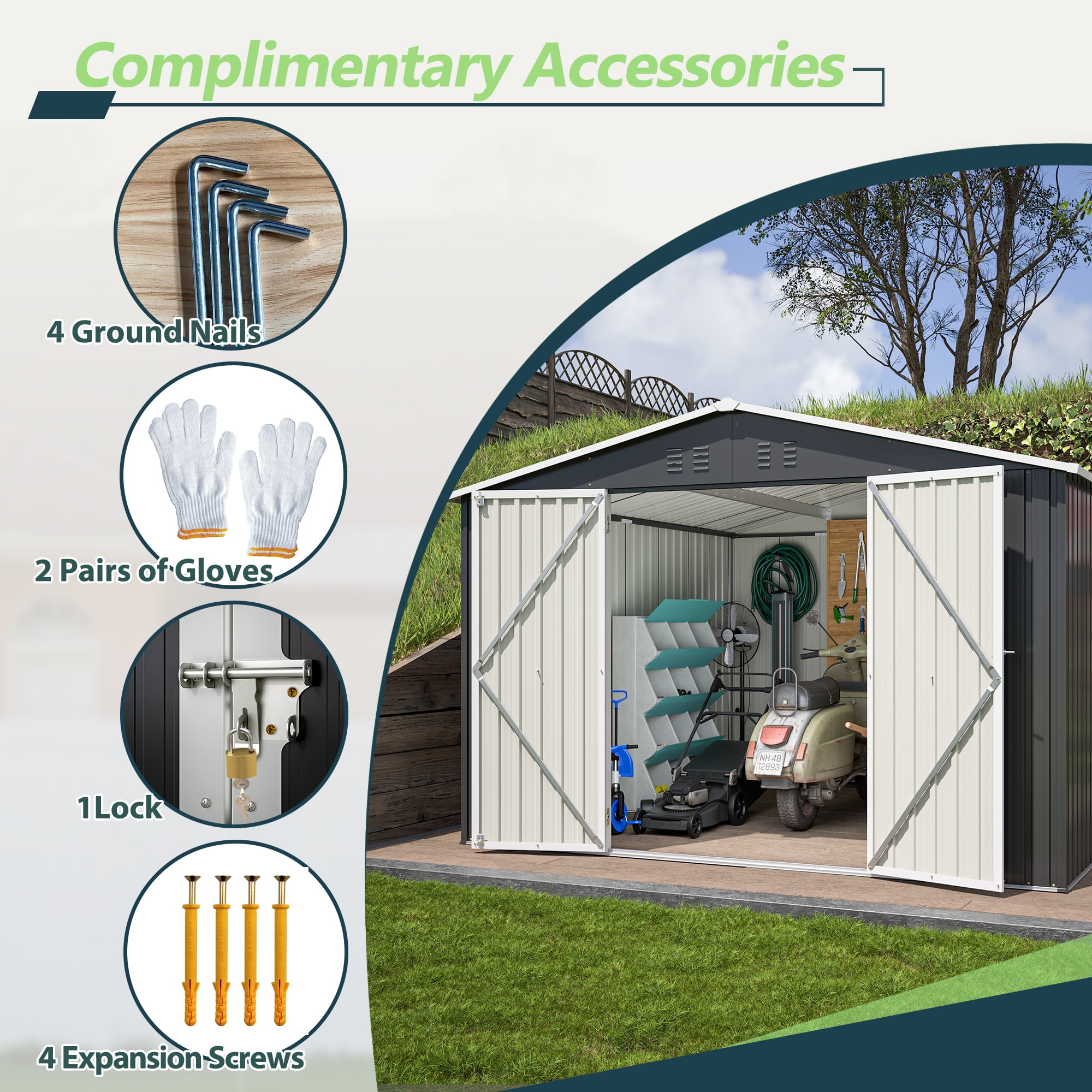 MAYEERTY 10x10FT Outdoor Utility Metal Storage Shed, Reinforced Frame & Ventilated Design, Lockable Waterproof Tool Shed for Backyard, Garden & Patio