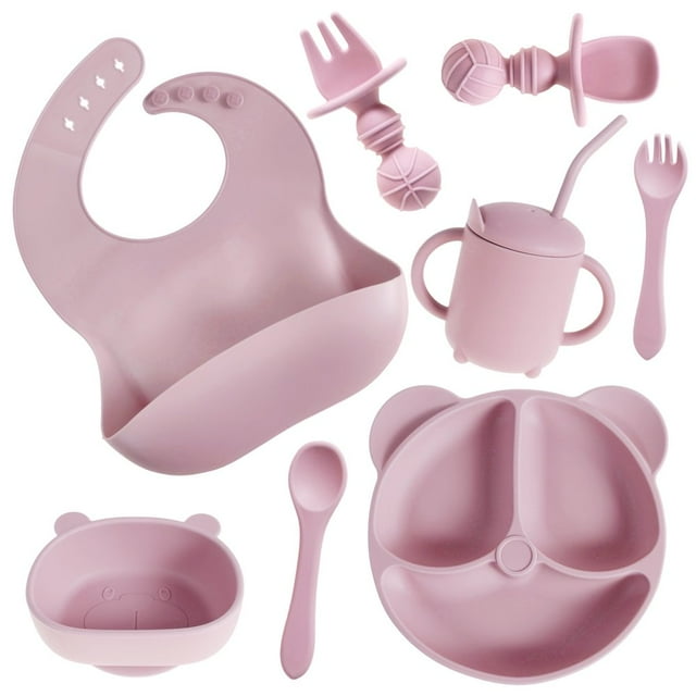 POINTERTECK Ensemble d'Alimentation pour Bébé 8 Pcs Ensemble de Vaisselle en Silicone Réutilisable Fournitures de Sevrage à DEL pour Bébé Bol et Assiettes pour Bébé Lavables à Succion pour Tout-Petits Maison (Rose)